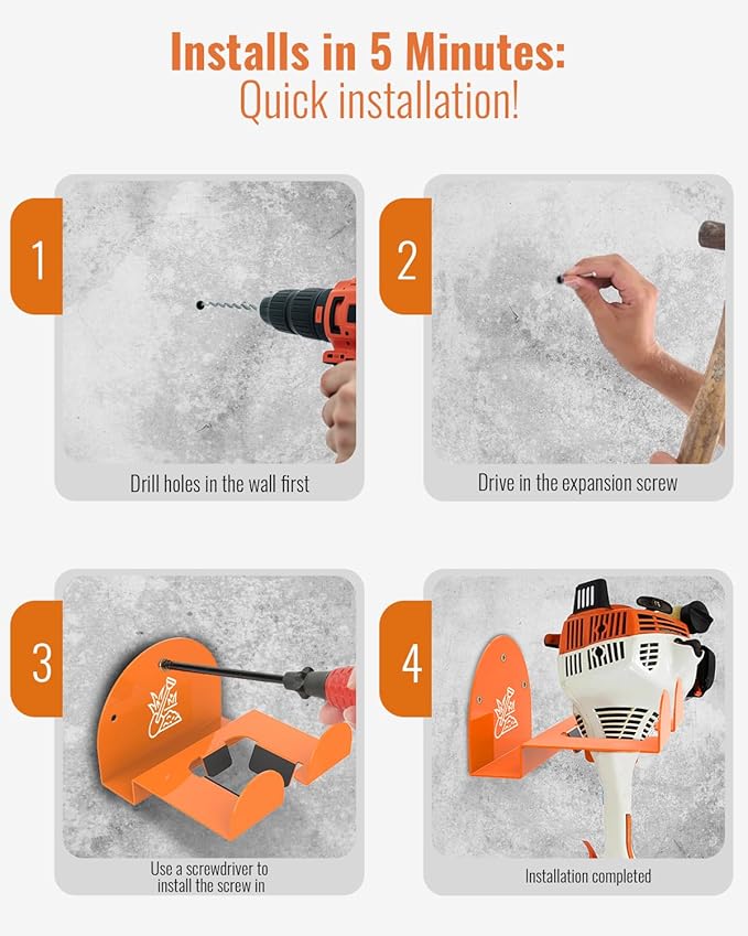 Weedeater Rack & Garden Tool Hanger - 2 Pack - 180LB Heavy-Duty Alloy Steel Wall Mount Set, for Stihl Power Tools, Grass Trimmer, Garden Tools, Space-Saving Storage for Garage, Shed, Workshop
