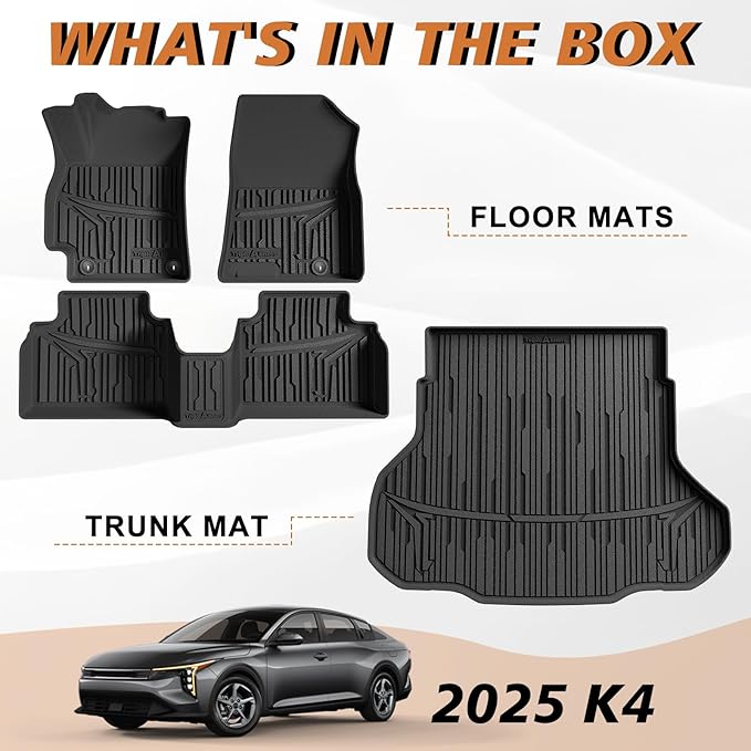 TripleAliners Floor Mats & Trunk Mat Full Set Compatible with 2024 2025 Kia K4 Sedan All Weather Liners TPE Custom Fit Anti-Slip Full Coverage Odorless Waterproof Cargo Liners(Trunk Mat+ Floor Mats)