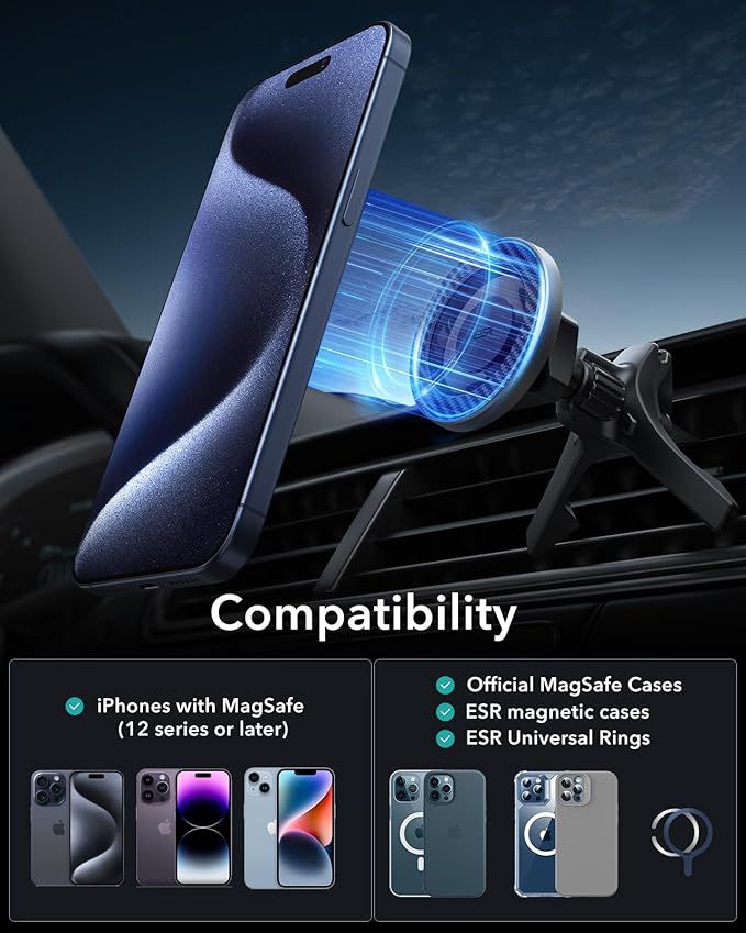 ESR for MagSafe Car Mount, Magnetic Car Phone Holder Mount, Air Vent/Dashboard Magnetic Phone Mount for iPhone 16/15/14/13/12, Galaxy S25, Strong Magnets, Charging Not Supported, Black Carbon Fiber