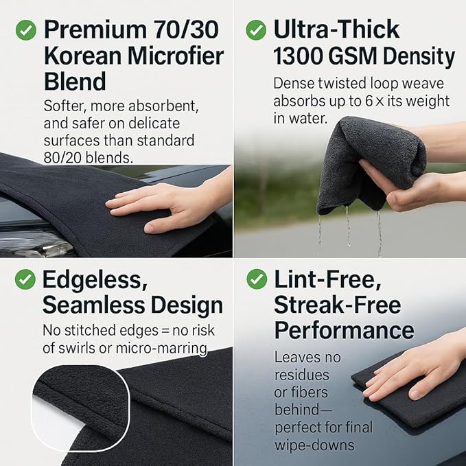 Crystal Clean 1300GSM Microfiber Towels for Cars – XL Drying Towel 2-Pack (24x36 & 12x12) with Double Twisted Loop, Professional Detailing Towel Car Detailers - Quick Dry, Paint Safe & Swirl-Free