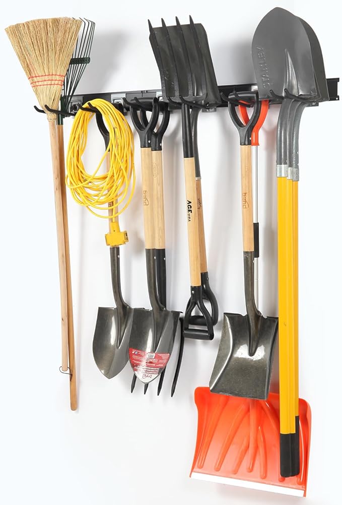 Locking Garden Tool Organizer, Garage Organization Wall Mount Storage Rack, Heavy Duty Metal Yard Tool Organizer, Adjustable Hanging Hooks, Hold Up to 420lbs (48Inch Black)