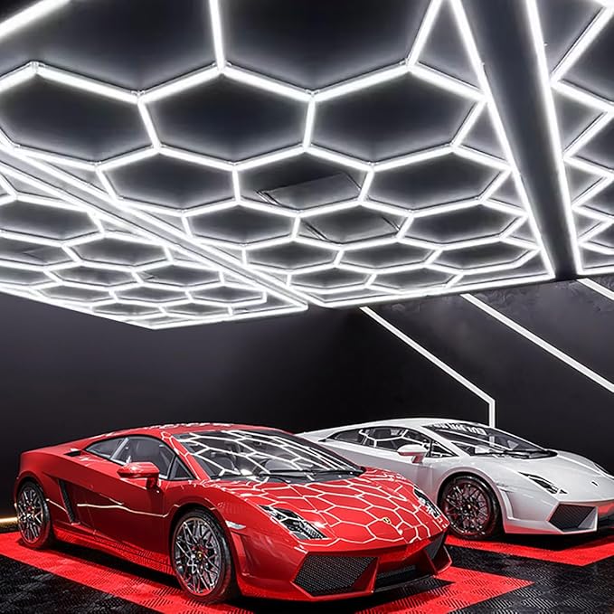 tewei Hexagon LED Garage Lights with Rectangle Frame, 900W 90000LM 6500K, Ultra-Bright Hexagon LED Shop Lights for Garage, 14 Grids Hex Ceiling Light for Workshop, Warehouse, Gym, Car Detailing Shop