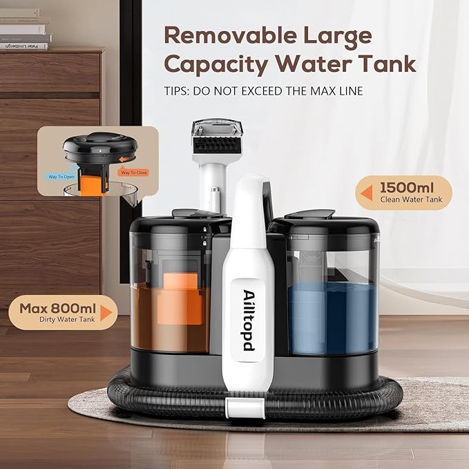 Upholstery Cleaner Machine, Powerful Suction & Portable Spot Remover, Deep Stain Cleaning for Carpet, Pets, Stairs, Car Seat, Couch, with Dual Size BrushHead and Cleaning Solutions