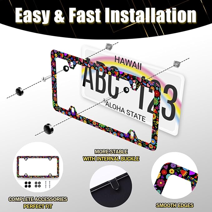 Abstract Flowers License Plate Frame Bright Colorful Art Floral License Plate Stainless Steel Flowers Car Accessory Funny License Plate Decoration Women Size 12.2" x 6.2" with Screws