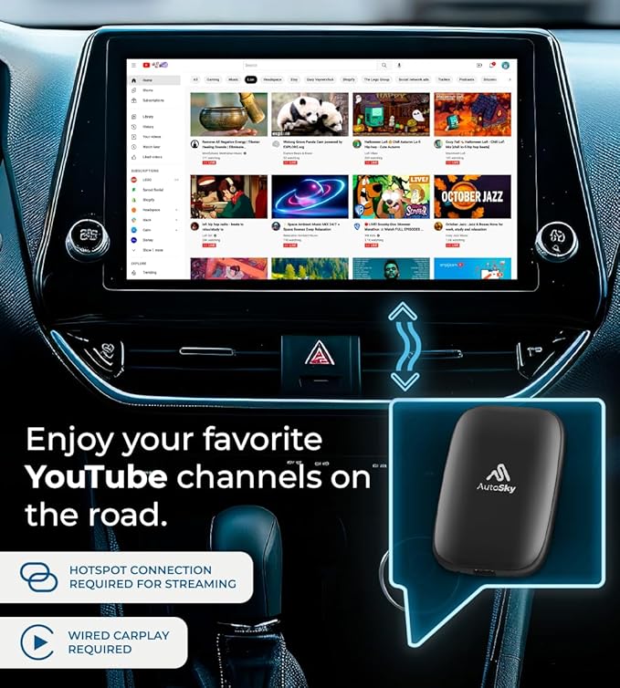 AutoSky Ai Box Lite Air - Streaming on the Go, Netflix and Youtube in your car. Convert Your Wired CarPlay into Wireless CarPlay or Android Auto. HotSpot Required for Streaming. Wired CarPlay Required
