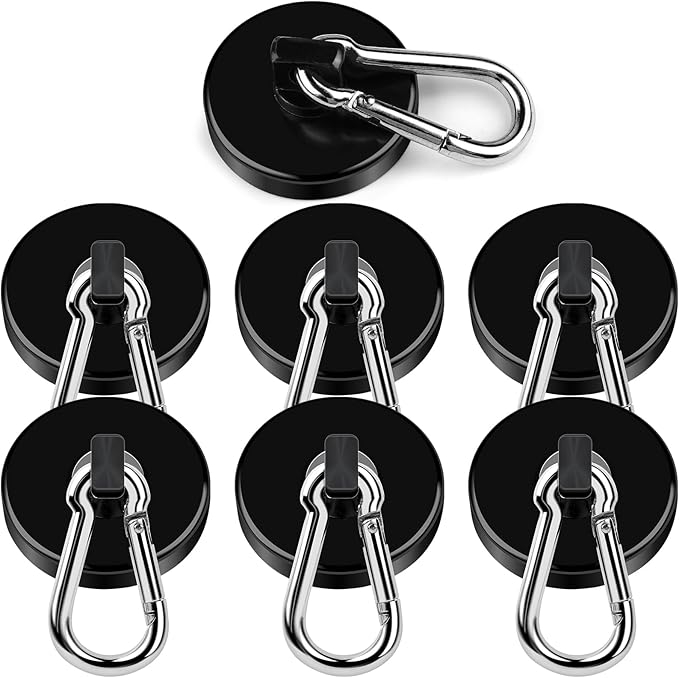 DIYMAG Black Magnetic Hooks, 110LBS Strong Heavy Duty Neodymium Magnet Hooks with Swivel Carabiner Hook, Great for Your Refrigerator and Other Magnetic Surfaces, Pack of 7