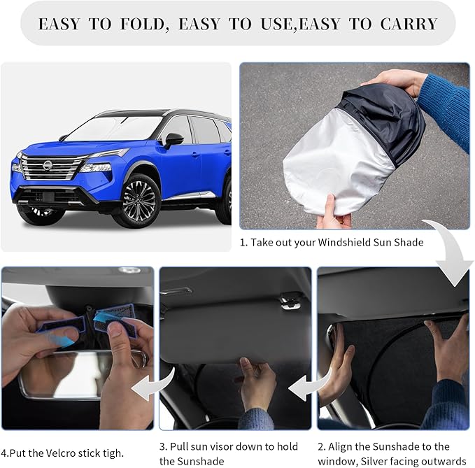Sun Shade Sunshade for Nissan Rogue Windshield Cover,4-Layer Front Window Shade Custom Fit Rogue 2021-2024 2025 (Not for Rogue Sport) Sun Visor 240T Retractable Shade Shield Blocks UV Rays