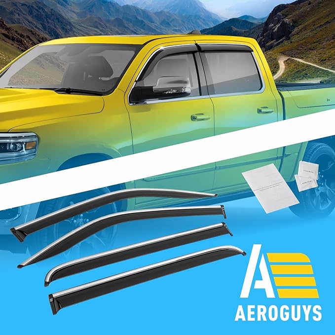 Extra Durable Window Deflectors Chrome Trim Tape-On Window Visors Rain Guards Fit for Dodge Ram 1500 2019-2025 Crew Cab, Sun Visors, Wind Vent for Shades, Exterior Car Accessories - 4pcs. AG0178