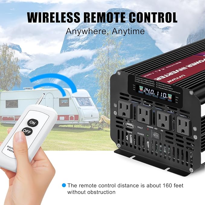 LVYUAN 4000 Watt Power Inverter 24V to 110V 120V for Vehicle, Solar Inverter System, Heavy Duty, RV, Truck, Off Grid,Camping with 4 AC Outlets, LCD Display, Wireless Remote Control, Car Power Inverter