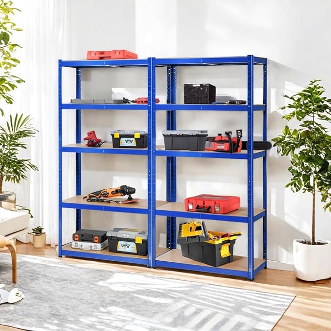 ERGOMASTER 5 Tier Utility Shelves Rack Garage Heavy Duty Steel Metal Shelving Unit with Adjustable Design, Bolt-Free Assembly & 380 LBS Wight Capacity Per Tier (Set of 2, Blue)