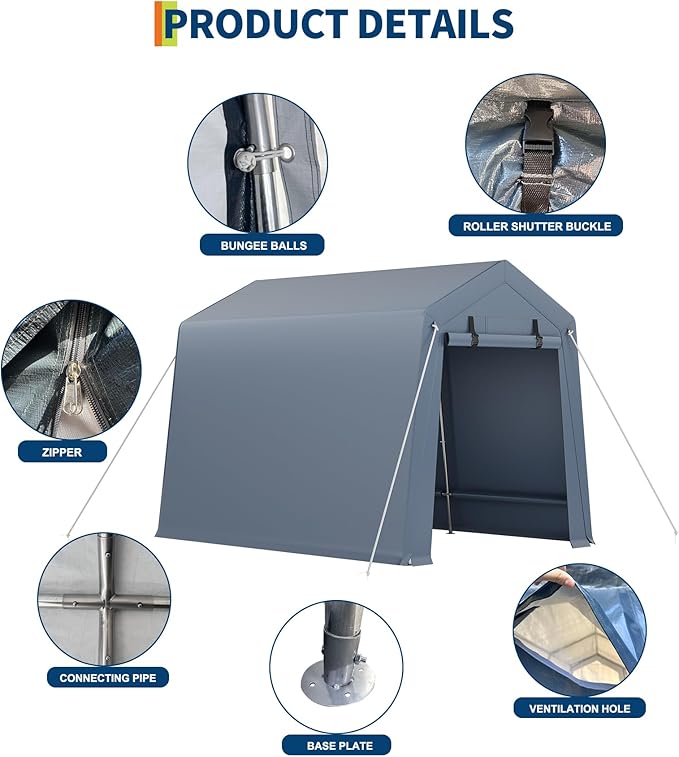 7*10F Outdoor Storage Shed with Floor, Heavy Duty Waterproof PE Tarp, Portable Metal Carport Garage Tent, 2 Roll-Up Doors & Vents, for Motorcycle and Bike Storage, Garden Tool Shed, Small Outdoor Shed