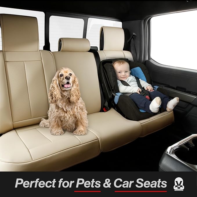 Coverland Custom Car Seat Covers Compatible with 2002-2010 Ram 1500 Quad Cab, Crew Cab - Premium Leather Non-Slip Waterproof Custom Interior Protector Full Set-Beige [See Size Chart-Size X142]