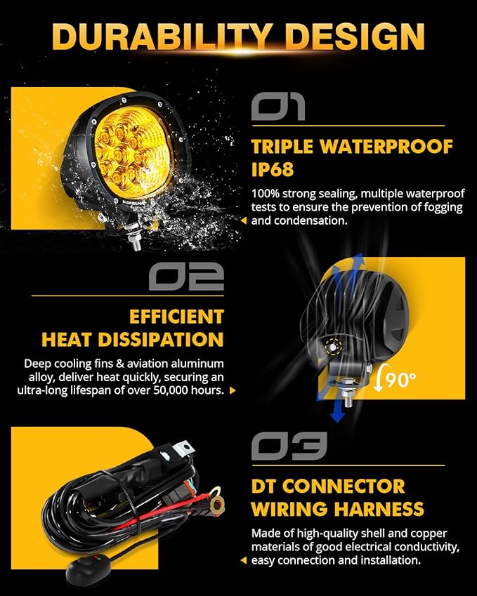 Auxbeam P4 Series Flood Beam Amber Round Light Pods, 4 Inch 90W Yellow Flood Light Bar Backup Reverse, LED Offroad Lights Automotive Work Lights Super Bright Fog Lamp, Pair