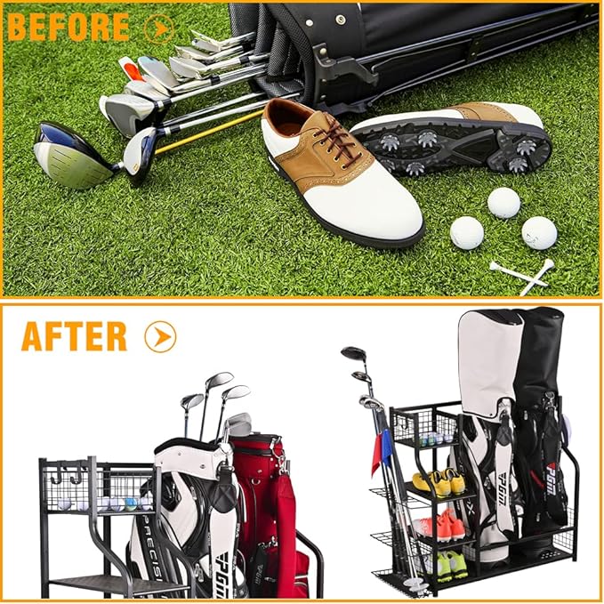 SNAIL Golf Bag Garage Storage Organizer Extra Large Size Golf Bag Rack Stand Holder Fits 2 Golf Bags and Other Golfing Equipment Accessories, Metal Black Golf Club Storage for Garage Shed and Basement
