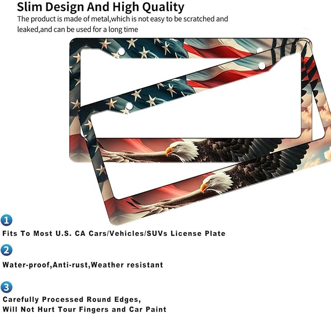 2 Pack US Flag Eagle Universal License Plate Frame - Heavy Duty Rustproof Aluminum Matte Black Car Tag Holder Bracket Fits All US States, Easy Install with Screws Included
