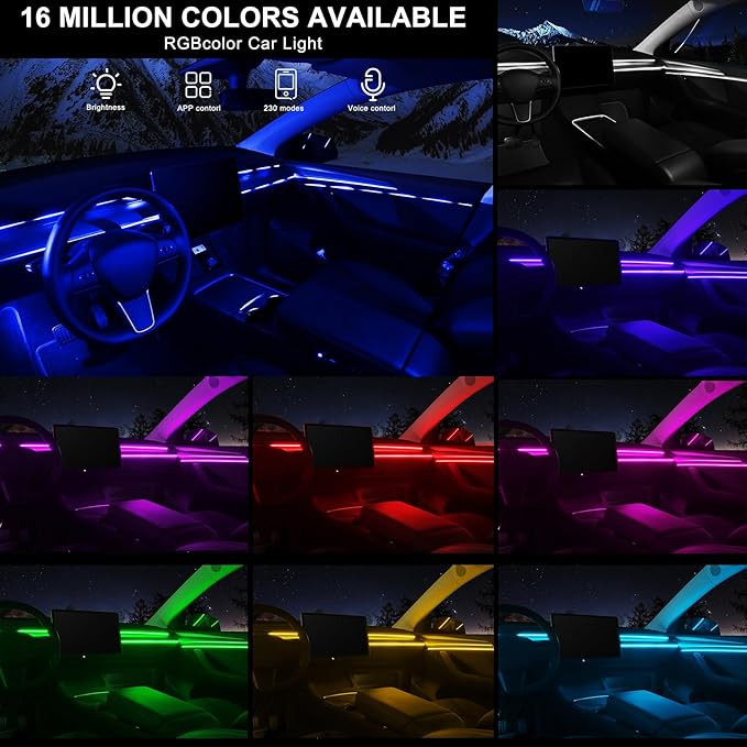 Acrylic Interior Car LED Strip Light with Wireless APP, Car Accessories 6 in 1 with 175 inches 593 LEDs Fiber Optic Ambient Lighting Kits, RGB Dynamic Music Sync Neon LED Strip Light for Car
