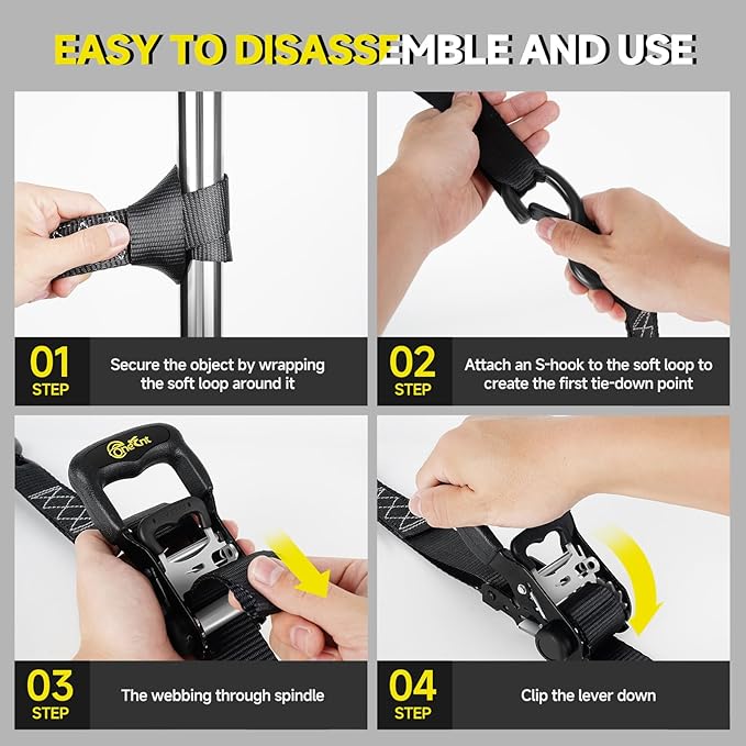 4Pcs 1.6”x16ft Heavy Duty Ratchet Straps with Padded Handles+Coated S Hooks+Soft Loop Tie-Downs-6000 Pound Break Strength for Ratchet Strap Tie Down Kit