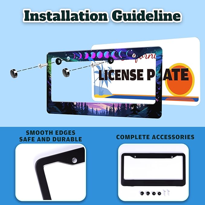 Moon Phases Aurora Forest License Plate Frame Night Sky Stainless Steel License Plate Holder for Front or Rear Car Tags Funny for Car Decoration Accessories with Screws 6.3 X 12.2 in for Women Men