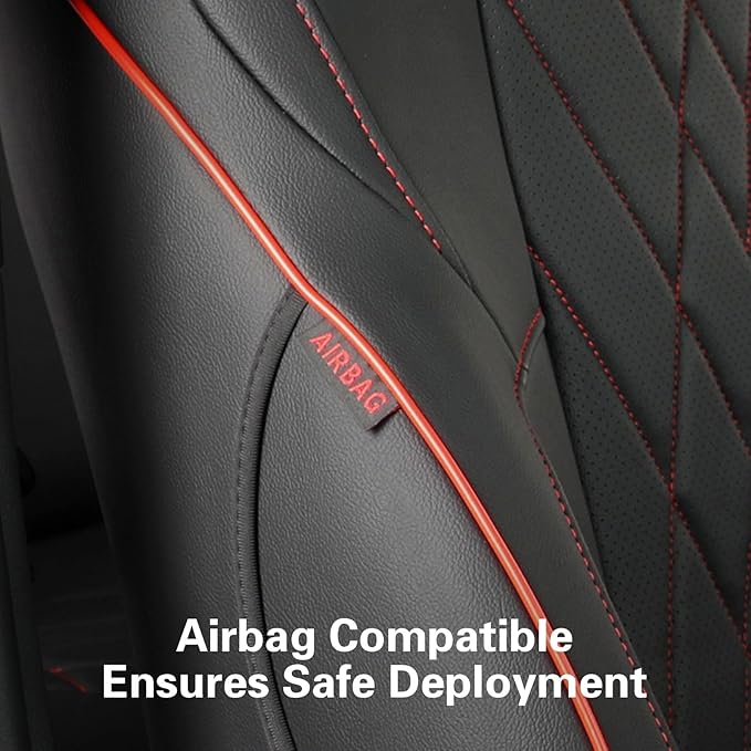 EKR Tacoma Car Seat Covers Custom for Select Toyota Tacoma (Only for Hybrid) 2024 2025 Double cab TRD Sport,TRD Off-Road,Limited,Trailhunter - Full Set,Leather(Black with Red Trim)
