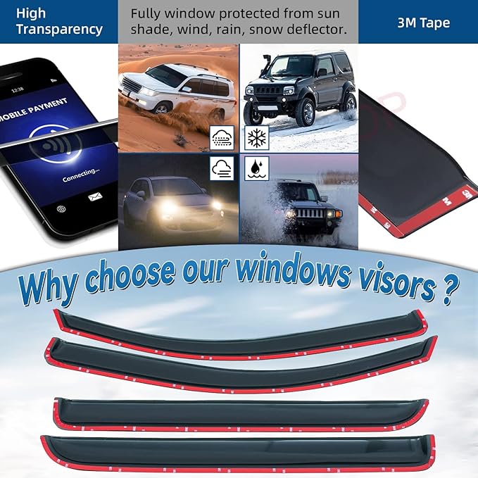 Set of 4 Front+Rear Smoke Sun/Rain Guard Outside Mount Tape-On Acrylic Window Visors Compatible with 14-18 Silverado Sierra 1500 15-18 2500/3500 HD Crew Cab with 4 Full Size Doors