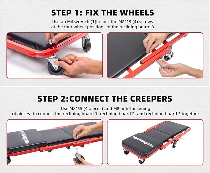 Mechanic Creeper 36 inches 3-in-1 Mode Z Seat 340lbs Capacity, Foldable Garage Adjustable Rolling Folding with 6pcs Wheels Roller, Lay Down Sit Lean Back, Under Car Auto Repair, Red Black