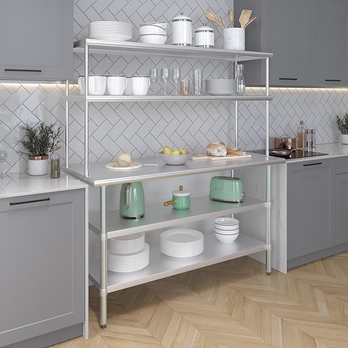 Amgood Stainless Steel Work Table with 2 Shelves | Metal Kitchen Prep Table & Shelving Combo (24" x 60" Table with 2 Shelves + 18" Overshelf)