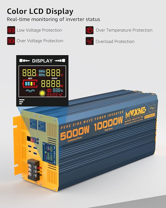 5000 Watt Power Inverter Pure Sine Wave 24V DC to 110V 120V 10000W Peak Heavy Duty Inverter with Remote Control and LED Display, 4 USB/Type-C Ports & 2 AC Outlets Car Charger for Vehicles RV