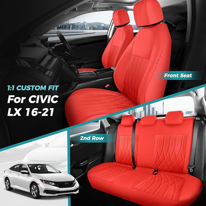 Seat Covers for Honda Civic Sedan LX 2016 2017 2018 2019 2020 2021, Faux Leather Car Seats Cover Full Set (Rear Row Solid & No Folding Backrest)-RED