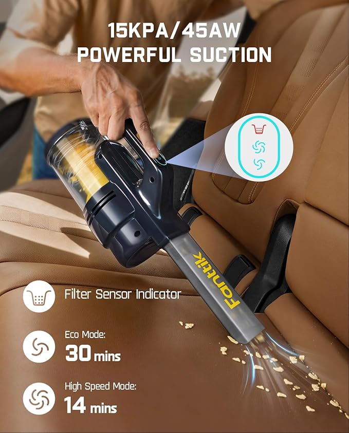 Fanttik Cruise V9 Car Vacuum Cleaner Suction Power with 15000Pa Handheld Vacuum Cordless with Extension Tube & LED Display & Light, Cordless Portable Mini for Home Car Cleaning, Black