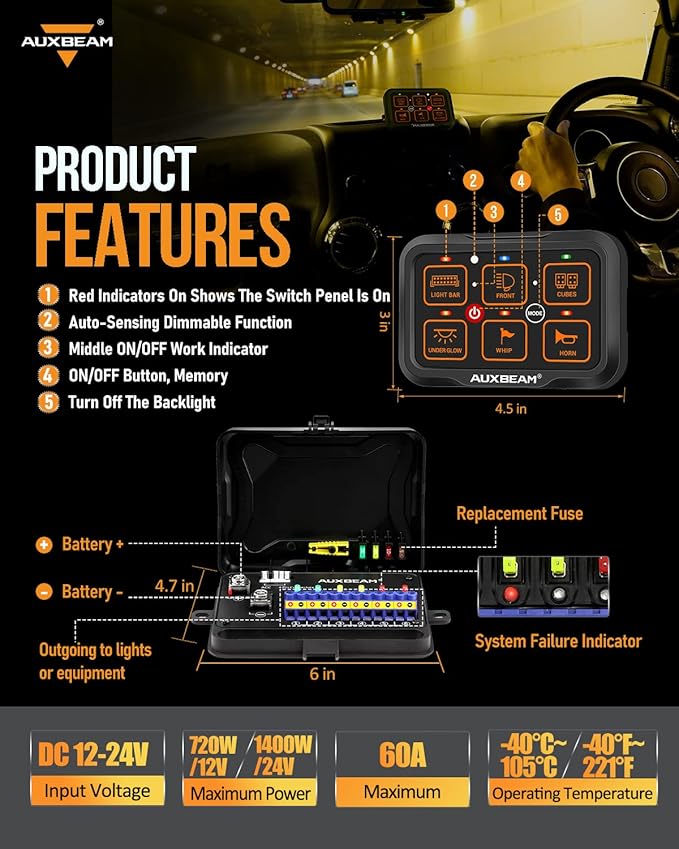 Auxbeam 6 Gang Switch Panel Bluetooth RGB AR-600 with Toggle Momentary Pulsed Modes Multifunctional Switch pod with Manual and Automatic Backlit Control Boat Switch Panel for Truck Car ATV Waterproof
