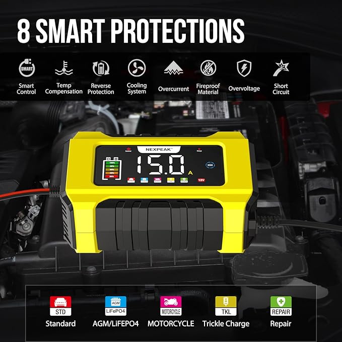 NEXPEAK NC215 15-Amp Battery Charger, Trickle Charger Car Battery Charger 12V 24V LiFePO4 Lead Acid Portable 9-Stage Smart Battery Maintainer w/Temp Compensation for Car Truck Lawn Mower Boat Marine