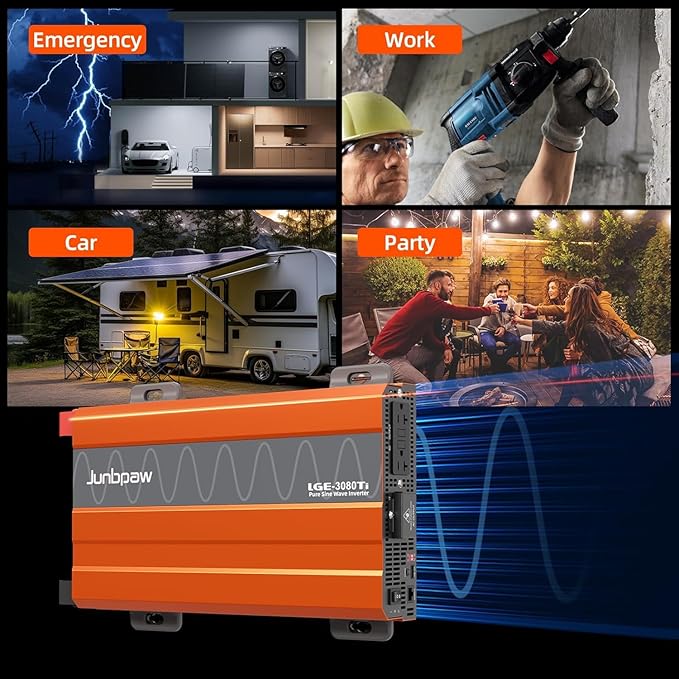 3080 Watt Pure Sine Wave Inverter, Equipment GFCI, 12V DC to 120V AC Converter Built-in 5V/2.1A USB Port for Off-Grid Solar Car RV Truck Boat with Wire Remote Monitor, Pre-Charge Function