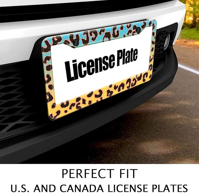 Blue Yellow Leopard License Plate Frame, Cheetah Leopar Print Car Accessories Car Tag Frame, Rust-Proof Waterproof Metal Aluminum License Plate Holder for Women Men 2 Holes with Screw Caps