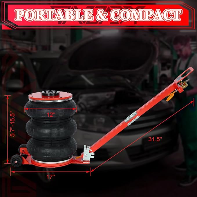 5T Triple Bag Air Jack 11000lbs Pneumatic Jack 3s Fast Lift Up 16in Airbag Jack with Adjustable Long Handle Heavy Duty Triple Air Bag Jack Lift for Cars Garage (Red)