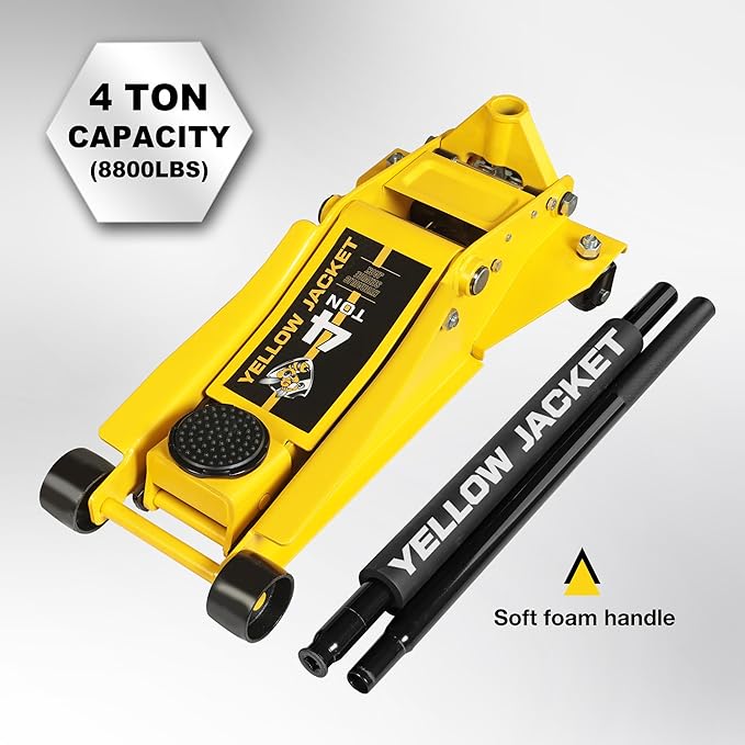 YELLOW JACKET Low Profile Floor Jack with Dual Pumps Quickly Lift Hydraulic Car Jack with Pad, 4 Ton (8,800 lb) Capacity