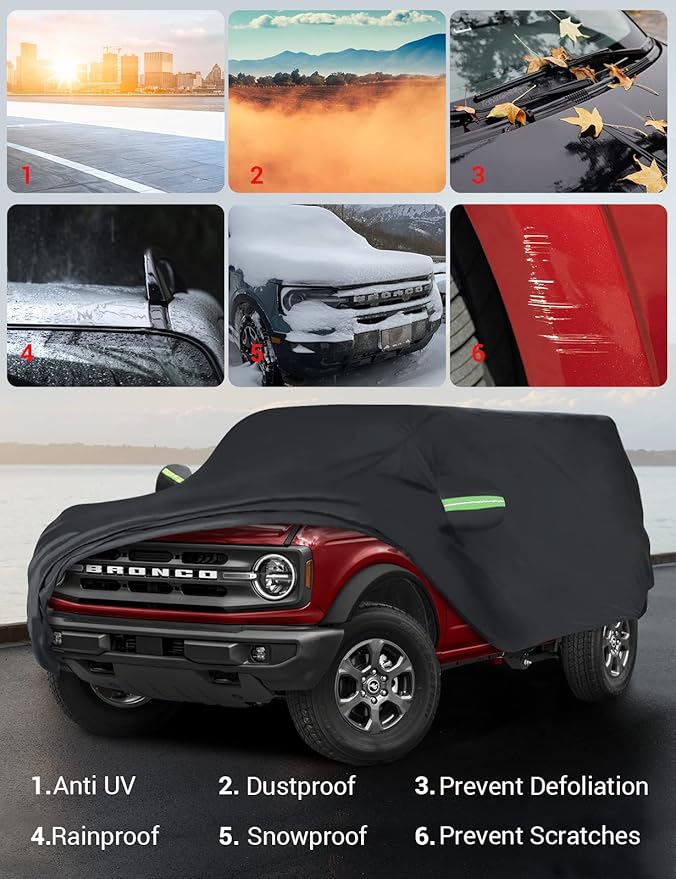 Proadsy 2025 Upgrade Car Cover Compatible with Ford Bronco 4 Door 2021-2024 2025 Windproof All Weather Waterproof Sun Rain UV Dust Snow Protection Outdoor Covers