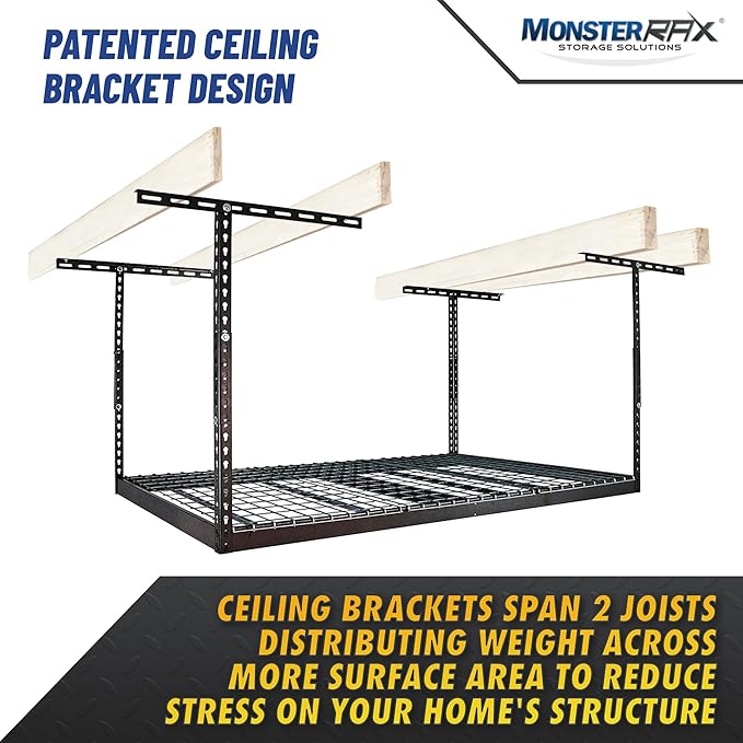 MonsterRax Overhead Garage Storage Racks 4x6, Ceiling Mounted Shelving, Adjustable Hanging Storage Organizer, Heavy Duty Steel, Holds 500 Pounds, Color: Hammertone, Adjusts 12"-21” off Ceiling