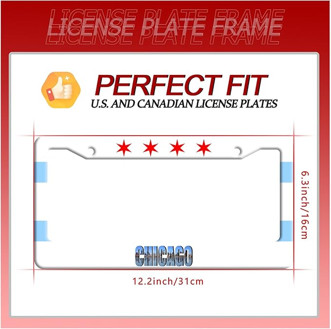 Chicago Flag License Plate Frame City Theme License Plate Stainless Steel Parts Funny License Plate Decorative with Screws Size 12.3" x 6.3" Men Women