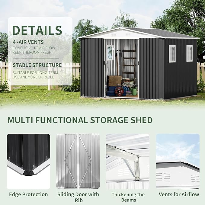 12x10 FT Outdoor Storage Shed with 4 Windows, Durable Metal Garden Sheds w/Updated Frame and Lockable Sliding Doors, Waterproof All-Weather Shelter Tool House for Backyard, Patio, Lawn, Grey