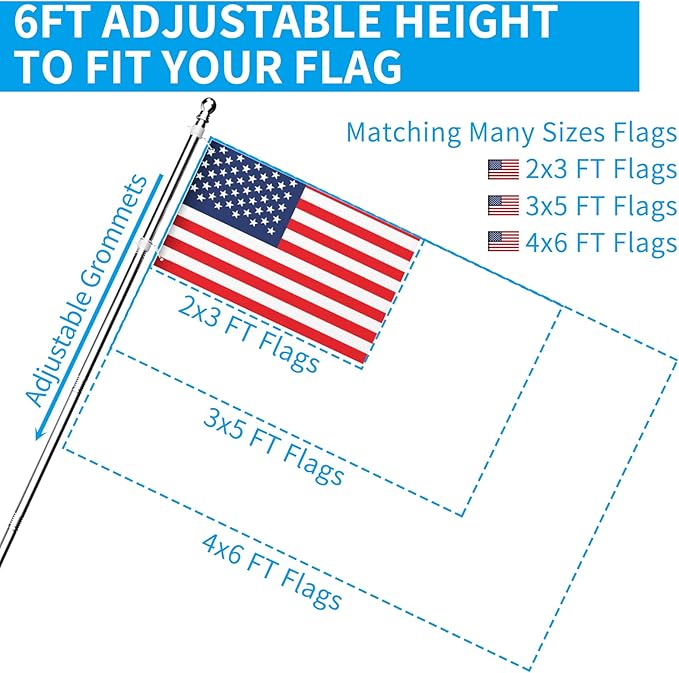 ZMTECH Flag Pole - Upgraded Bracket, 6 FT Stainless Steel Flag Poles for Outside House, Residential or Commerical, Tangle Free Flag Pole Kit for American Flag (Without Flag, Silver)