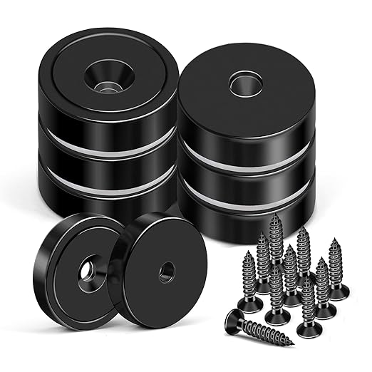 MIKEDE Rare Earth Neodymium Cup Magnets, 70LB Strong, Black, 6 Pack with Countersunk Hole Steel Capsule, Industrial Magnets with Screws for Wall Mounting