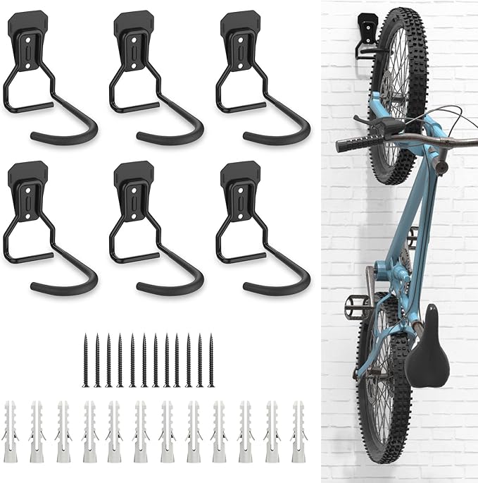 Bike Wall Mount with Fixed Hook, [6 Pack] Heavy Duty Bike Storage Rack, Bike Rack Vertical Stand for Garage - Easily Hang/Detach - with Screws Iron Bike Hanger Brackets