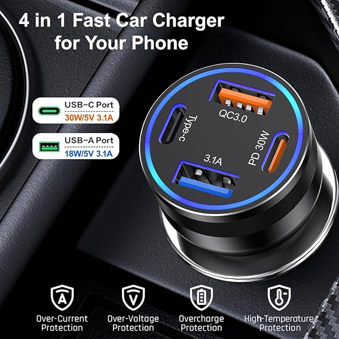 65W USB C Car Charger, 5 Pack 4-Port PD Super Fast Charging Type C Car Charger for Multiple Devices, Cigarette Lighter Adapter, USBC Phone Adapter for iPhone 16/16e/15 Pro Max,Samsung S25,iPad,Pixel