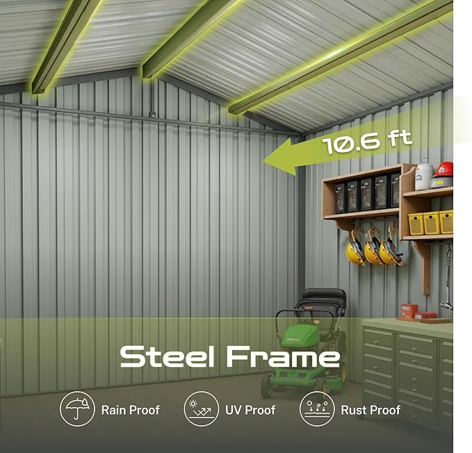 11.2' x 10.6' XL Outdoor Storage Shed, Sturdy Metal Building w/Windows & Lockable Doors for Garden, Backyard, Poolside and Lawn, Anthracite