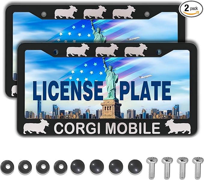 License Plate Frames for Women Black and White License Plate Frame for Men Corgi Mobile Aluminum Metal Car Accessory 2 Pack with Screw Covers Set