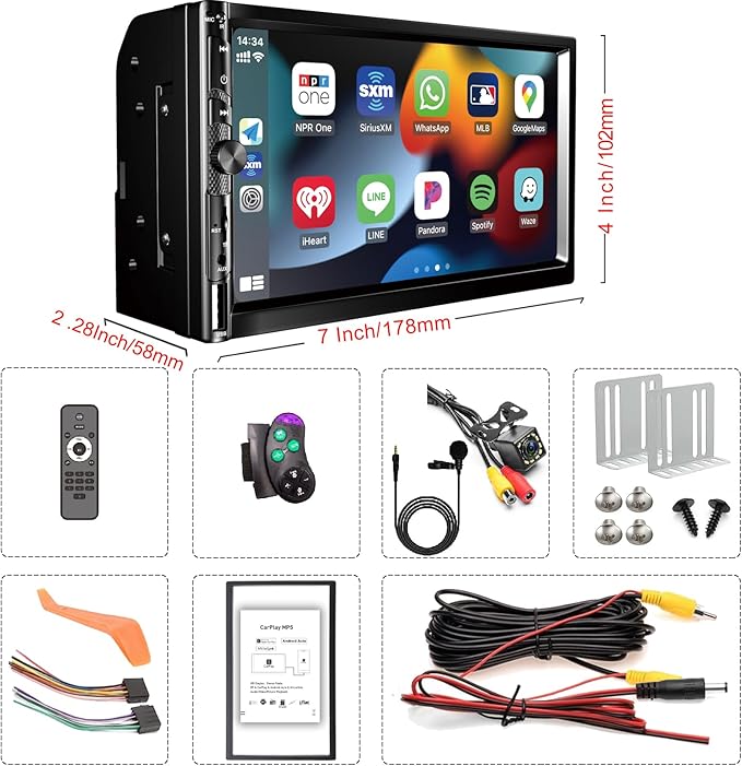 7 Inch Car Stereo with Wireless Apple CarPlay,Double Din Car Radio Androdi Auto,Bluetooth 5.2,IPS 1024 * 600 Display,FM Radio, Backup Camera,Online Navigation,178 * 100mm,Car Audio Receivers