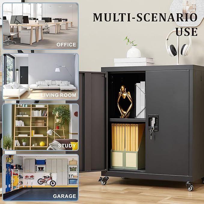 LUCYPAL Metal Storage Cabinet with Locking Doors and Wheels,Garage Storage Cabinets with 1 Adjustable Shelf for Home Office,Steel Counter Cabinet for Office,Garage,Kitchen,Black