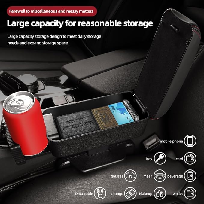 JEYODA Car Armrest Box with Cup Holder Car Central Liftable Armres Storage Organizer Box Arm Rest，Car Seat Gap Filler Organizer 1PC (Black)