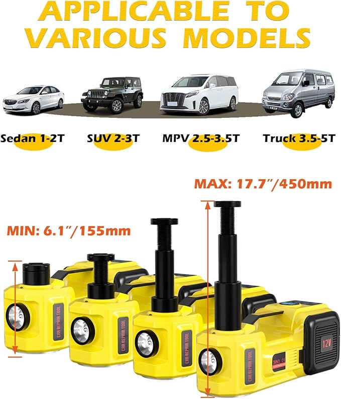 Electric Car Jack, 5 Ton 12V Digital Display Electric Jack for Car with E-Impact Wrench, Tire Inflator Pump and LED Light, (Lifting Range: 6.1~17.7 Inch) for Sedan, SUV, Truck Tire Change Replacement