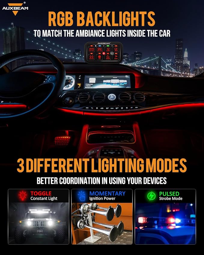Auxbeam 8 Gang Switch Panel RA80 Toggle Momentary Pulsed RGB Dimmable Multifunction Switch Panel Easy Installation Marine Switch Pod IP65 Waterproof for Car Boat RV, 2 Years Warranty